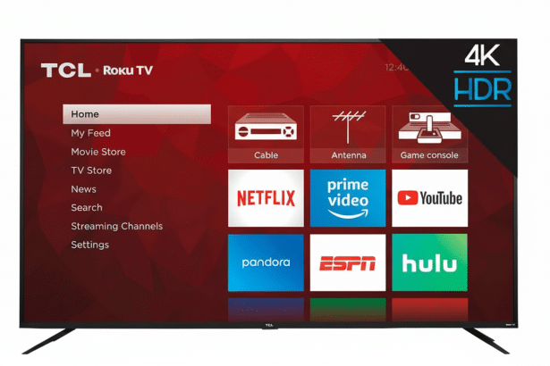 A TCL Roku TV displaying its smart TV interface with apps like Netflix, Prime Video, YouTube, Pandora, ESPN, and Hulu.