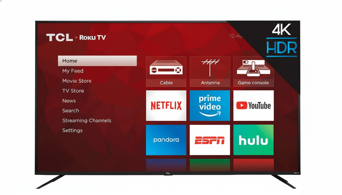 A TCL Roku TV displaying its smart TV interface with apps like Netflix, Prime Video, YouTube, Pandora, ESPN, and Hulu.