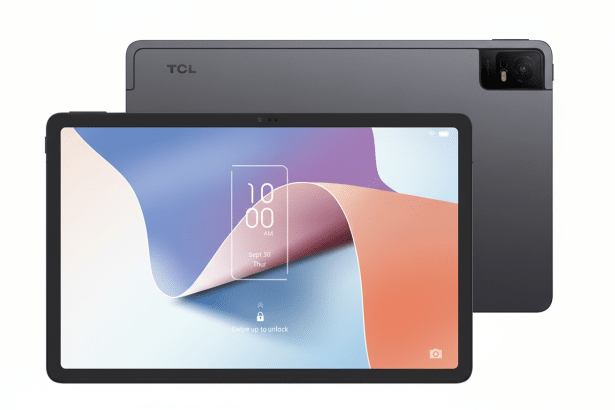 A TCL tablet displayed in a 1 6:9 aspect ratio, showing the front with a colorful wallpaper and the back with the TCL logo and camera module.