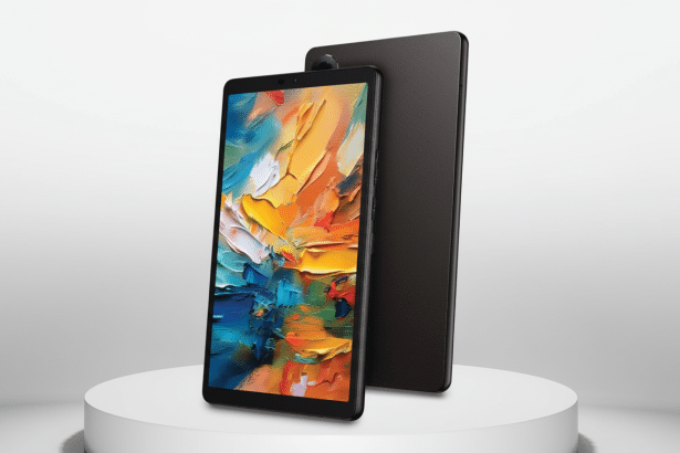 A black tablet with a vibrant, abstract painting on its screen, standing upright on a white cylindrical pedestal with another tablet leaning behind it, all against a clean white background.