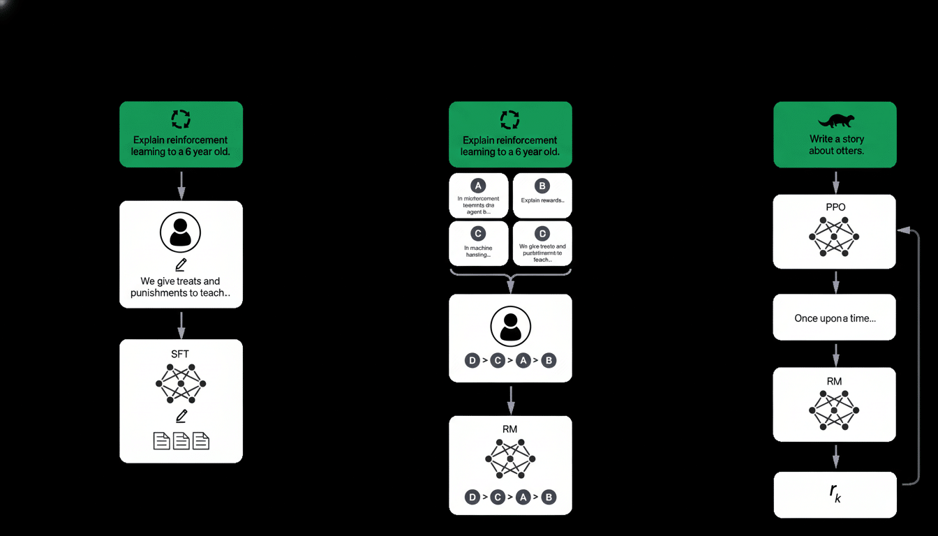 A flowchart illustrating three different approaches to teaching a machine learning model , presented with a black background and white diagram elements. Filename : teaching ml modelappro aches.png