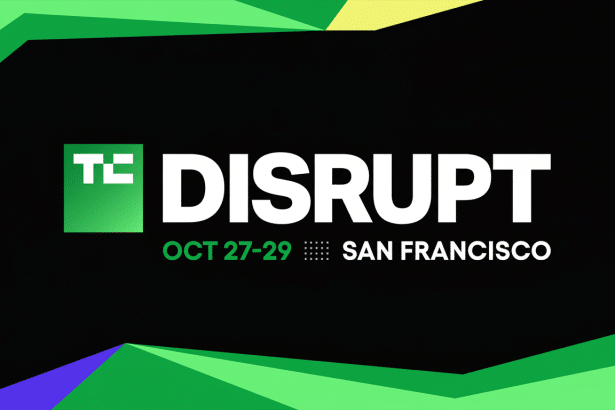 Tech Crunch Disrupt San Francisco 202 4 event logo with green and purple geometric shapes on a black background.