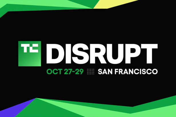 The Tech Crunch Disrupt logo and event information , featuring a large white DISRUPT text, a green TC logo, and OCT 27-2 9 SAN FRANCISCO in green text on a black background with green geometric shapes in the corners .