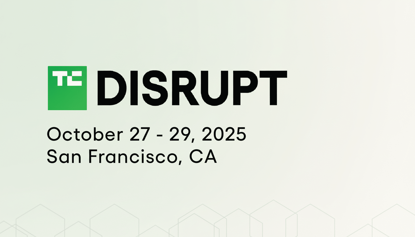 Tech Crunch Disrupt event logo with event dates and location , on a subtle gradient background with geometric patterns. Filename : techcrunch disruptevent banner .png