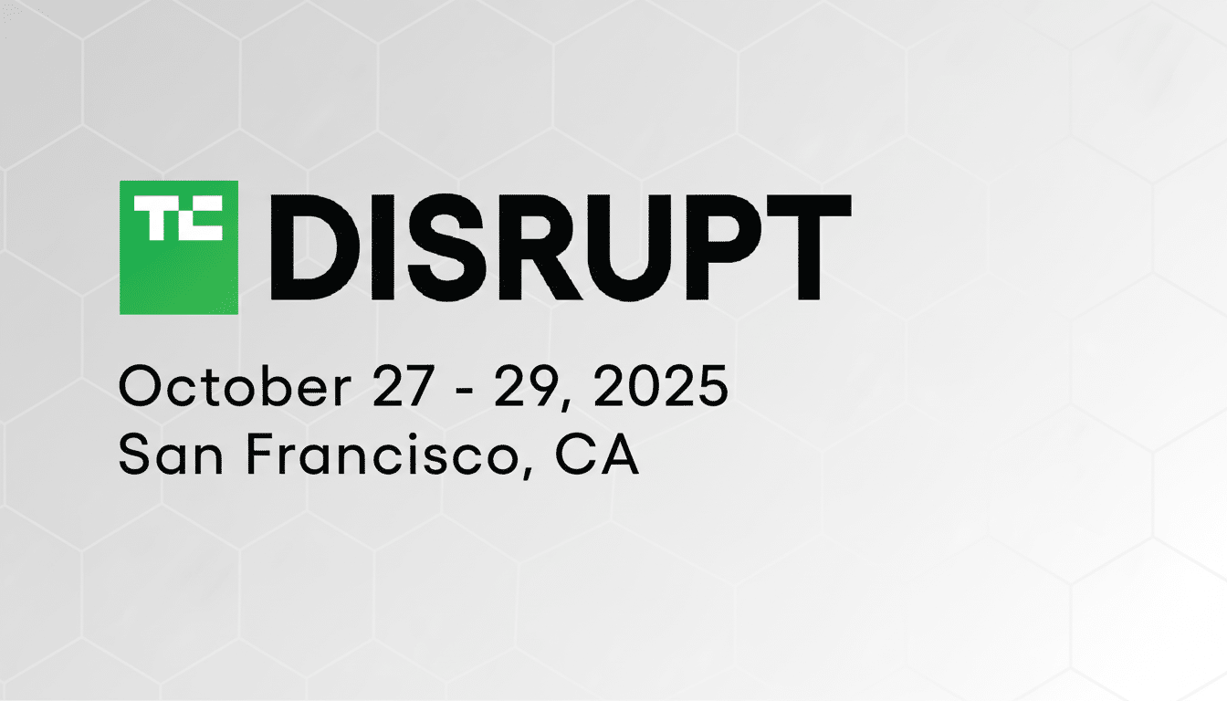 Tech Crunch Disrupt event logo with event dates and location on a professional flat gray background with subtle hexagonal patterns. Filename : techcrunch disruptevent banner .png