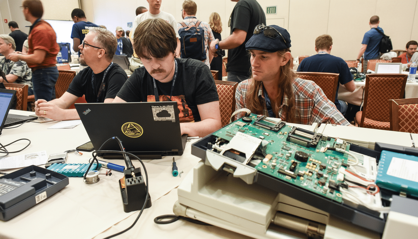 Three men engaged in a technical workshop , with one man actively working on a laptop and another observing a complex circuit board .