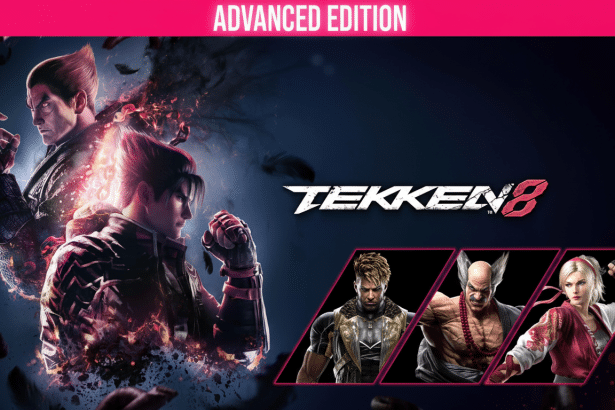 Tek ken 8 Advanced Edition game cover with three main characters in dynamic poses and three smaller character portraits below the logo .