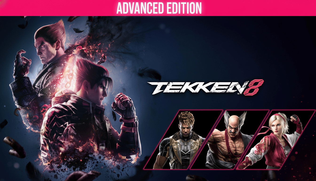 Tek ken 8 Advanced Edition game cover with three main characters in dynamic poses and three smaller character portraits below the logo .