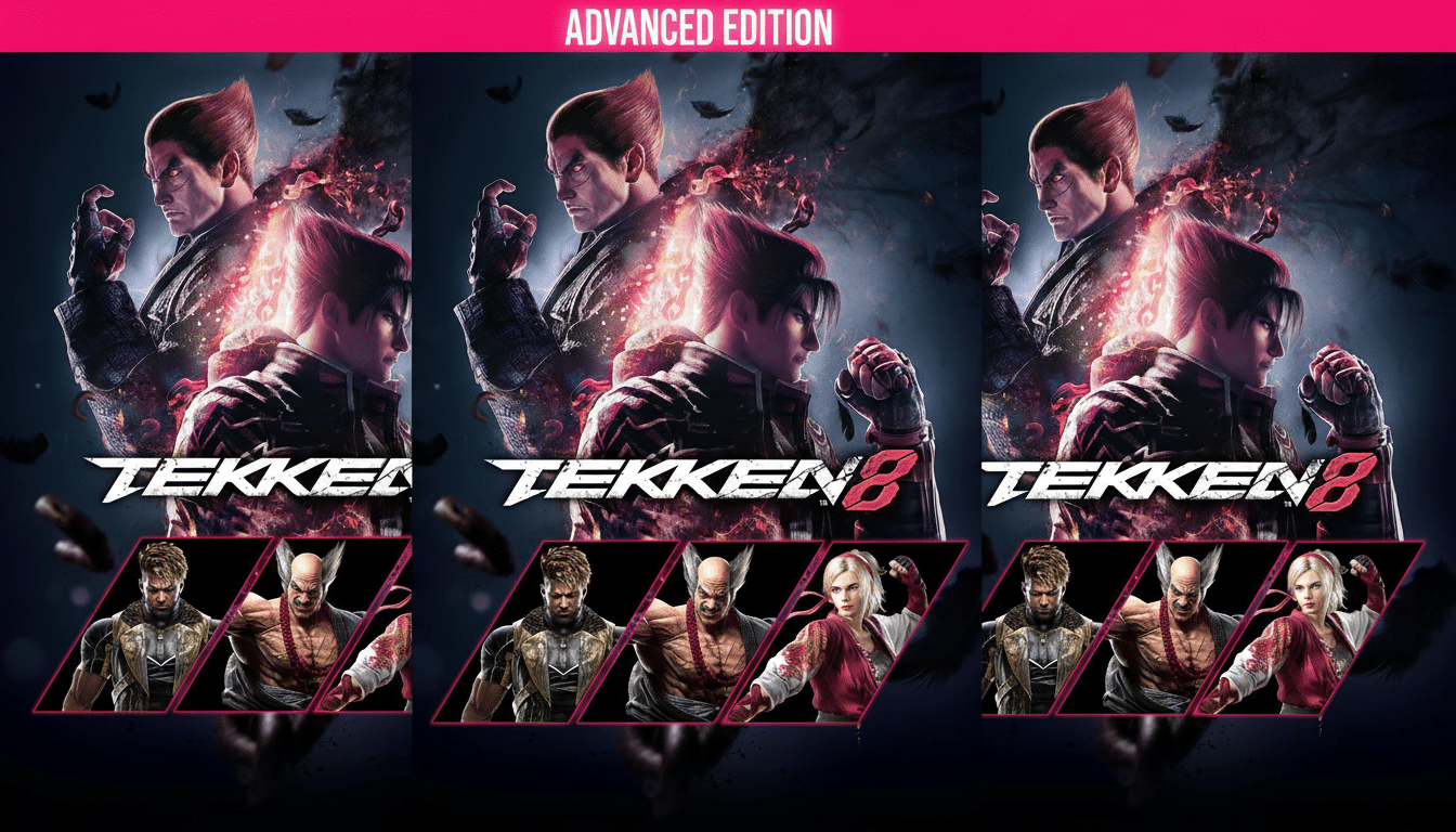 Tek ken 8 Advanced Edition game cover with characters Jin Kaz ama and K azuya Mish ima, and three additional character portraits below . Filename : tekken 8advanced editioncover. png