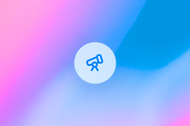 A blue telescope icon in a light circle on a gradient background of pink, purple , and blue.