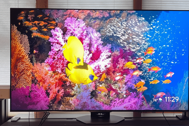 A high -definition television displaying a vibrant underwater scene with colorful coral and schools of tropical fish. The screen shows the time as 11: 29 and a weather icon with 74 degrees Fahrenheit .