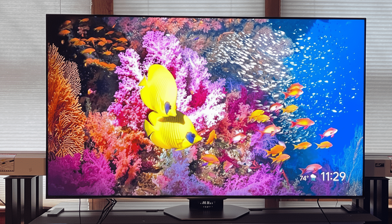 A high -definition television displaying a vibrant underwater scene with colorful coral and schools of tropical fish. The screen shows the time as 11: 29 and a weather icon with 74 degrees Fahrenheit .