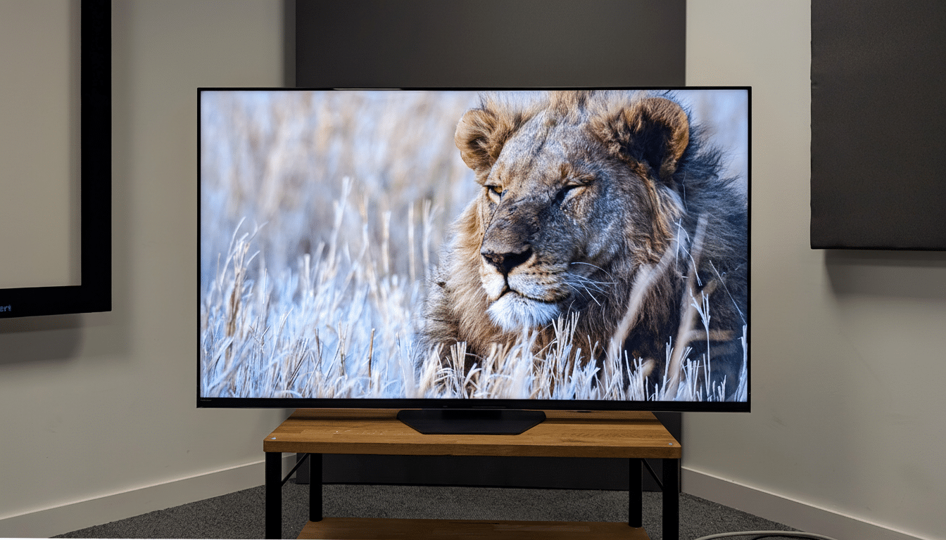 A modern television displaying a close -up image of a lion in tall grass, set on a wooden stand in a room .