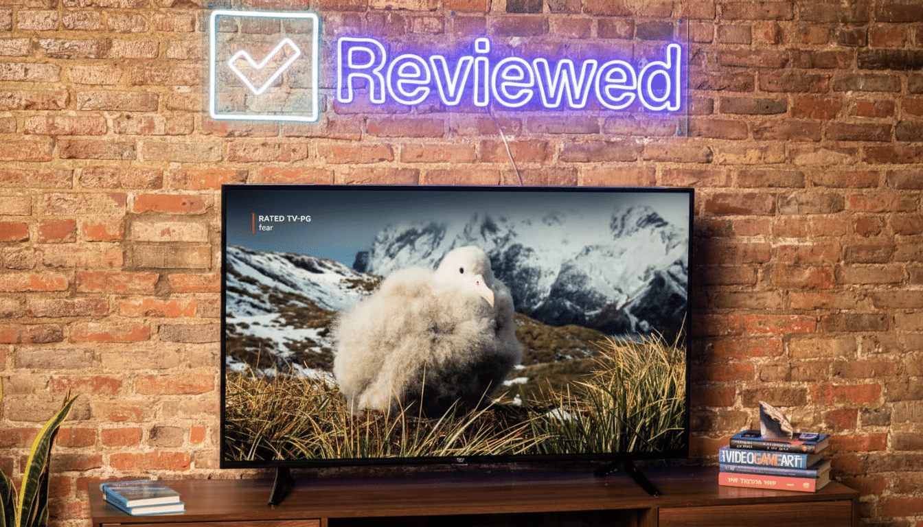 A professional shot of a television screen displaying a fluffy white bird in a snowy landscape, with a neon Reviewed sign and check mark above it on a