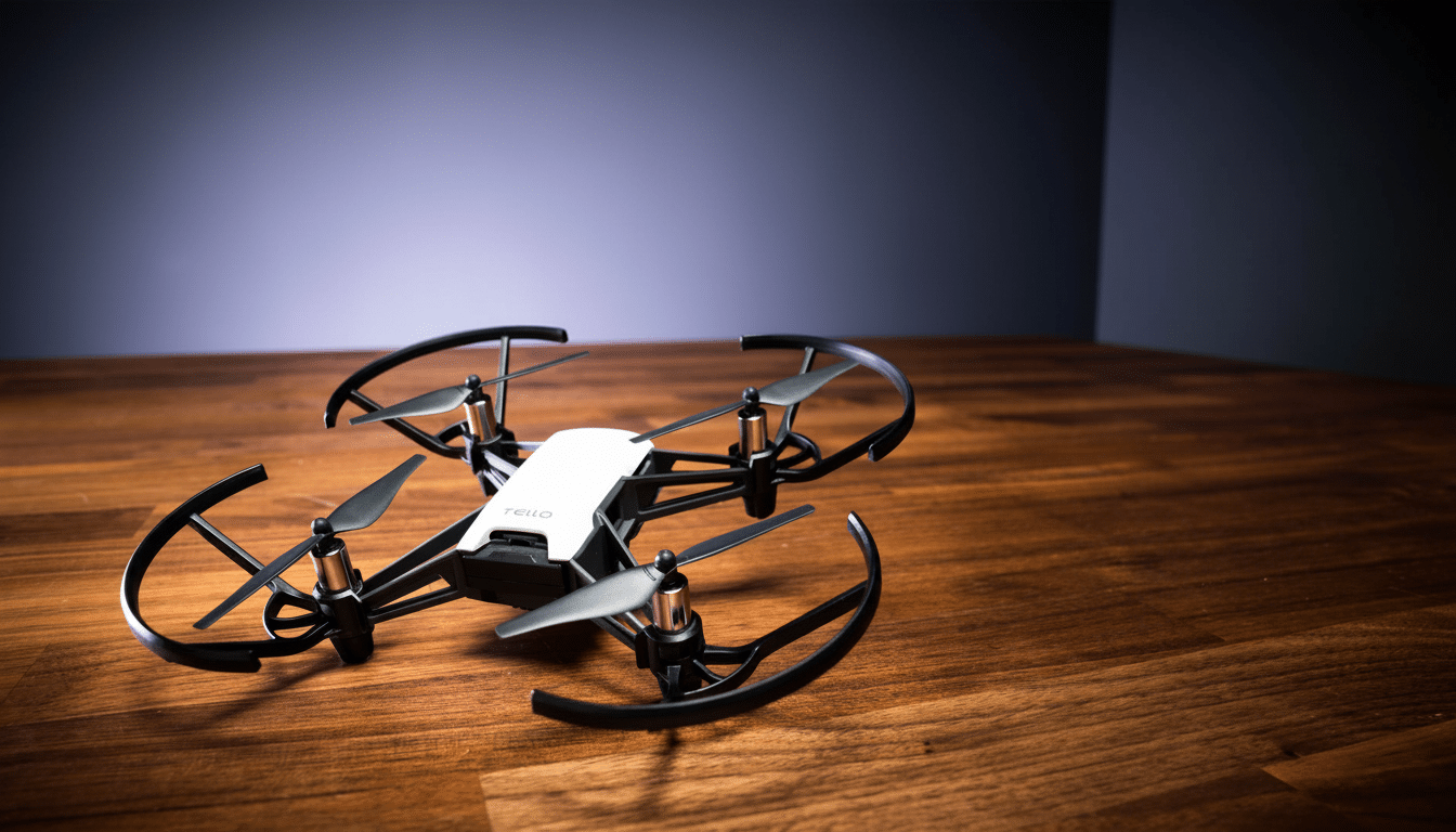 A professional shot of a T ello drone on a wooden surface, resized to a 16: 9 aspect ratio.