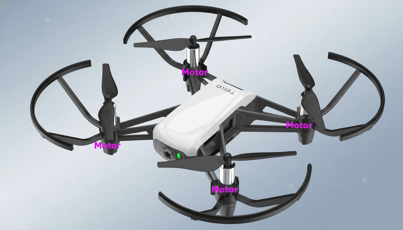 A white T ello drone with black propellers and propeller guards, with Motor labels in pink on each motor , presented against a professional flat design background with soft gray gradients and subtle geometric patterns. Filename : tello dronemotor labeled .png