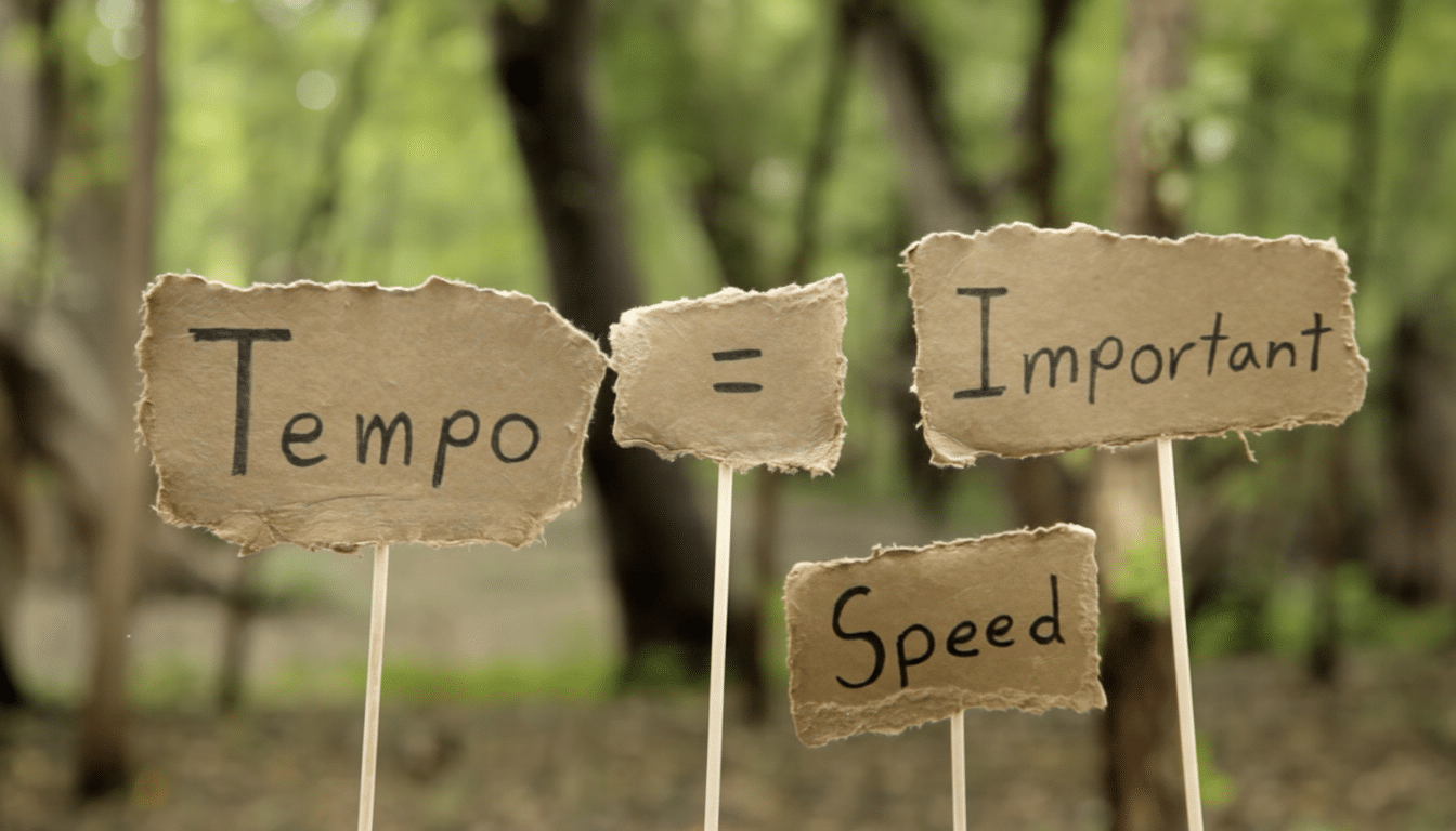 A It Text : Four handmade cardboard signs on sticks with the words Tempo, =, Important, and S