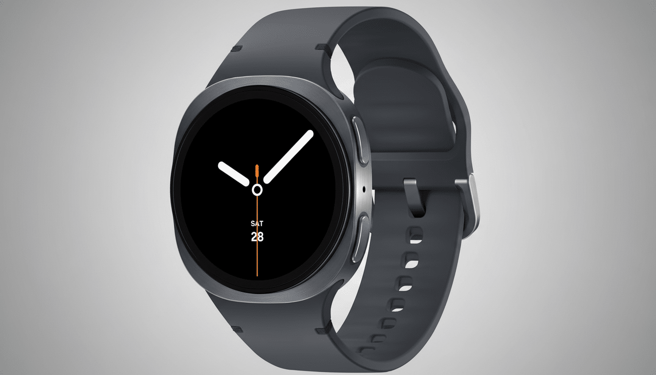 A professional shot of a dark gray smartwatch with a black circular display showing SAT 28 and white clock hands, set against a subtle gray gradient background.