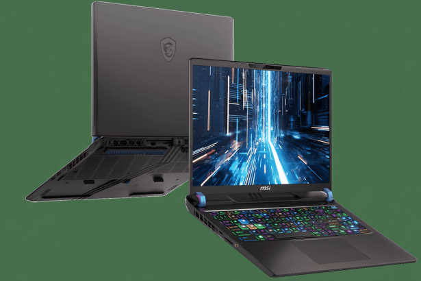 Two black MSI gaming laptops with vibrant RGB keyboards are shown. One is open, displaying a futuristic blue and orange digital graphic on its screen, positioned in the foreground and slightly to the right. The second laptop is in the background, closed and angled to reveal its underside , emphasizing its design and features. The background is a solid , dark green color.