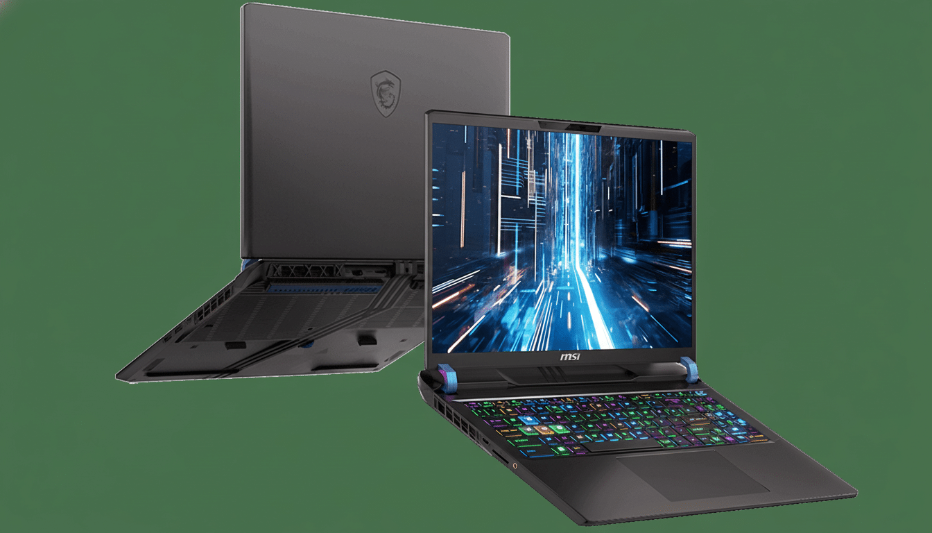 Two black MSI gaming laptops with vibrant RGB keyboards are shown. One is open, displaying a futuristic blue and orange digital graphic on its screen, positioned in the foreground and slightly to the right. The second laptop is in the background, closed and angled to reveal its underside , emphasizing its design and features. The background is a solid , dark green color.