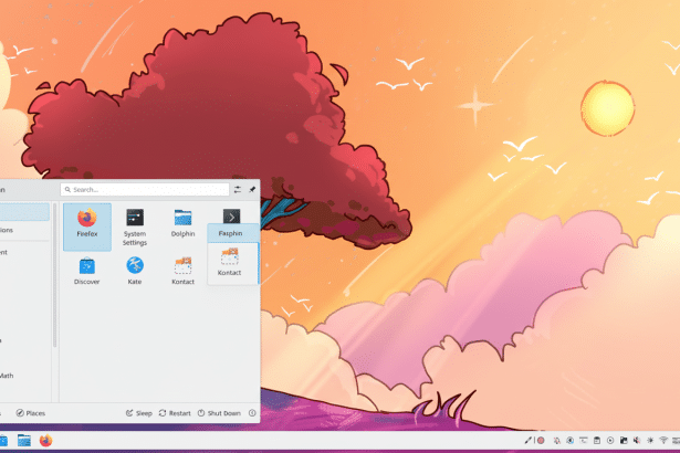 A resized and enhanced desktop screenshot of a Linux distribution with a vibrant, illustrated sunset background featuring a large tree and birds. An a