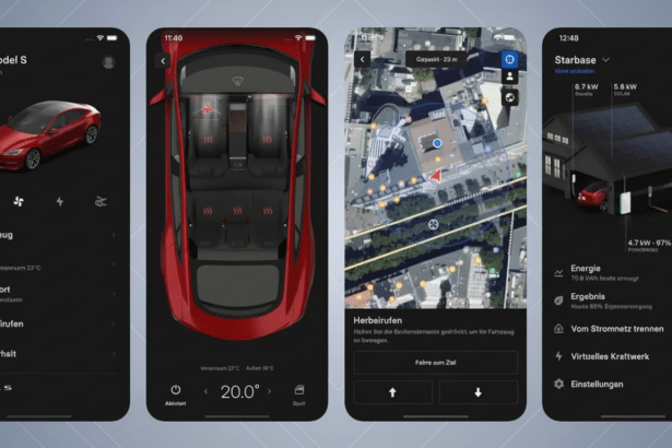 Four mobile phone screens displaying the Tesla app, showing various features like car status , interior controls , a map for car retrieval , and energy usage from solar panels. Filename : teslaapp features .png