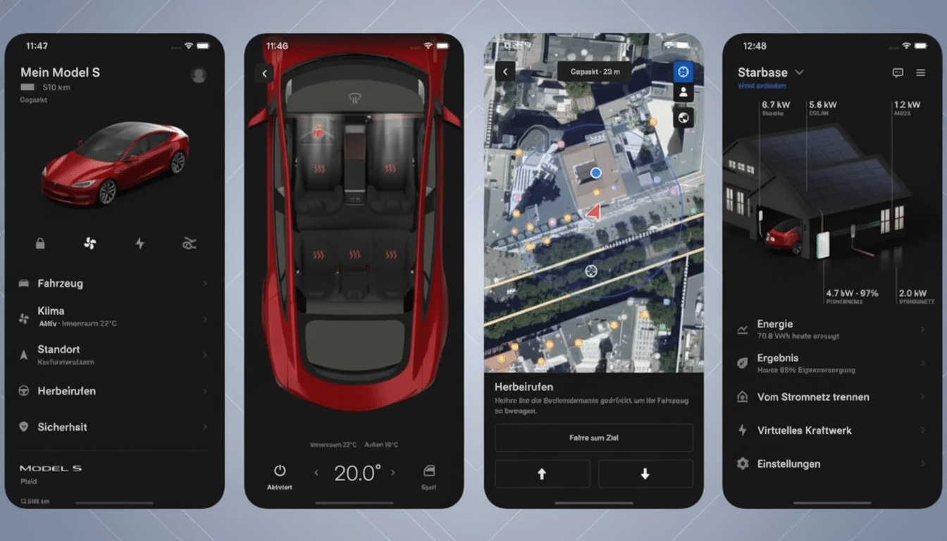 Four mobile phone screens displaying the Tesla app, showing various features like car status , interior controls , a map for car retrieval , and energy usage from solar panels. Filename : teslaapp features .png