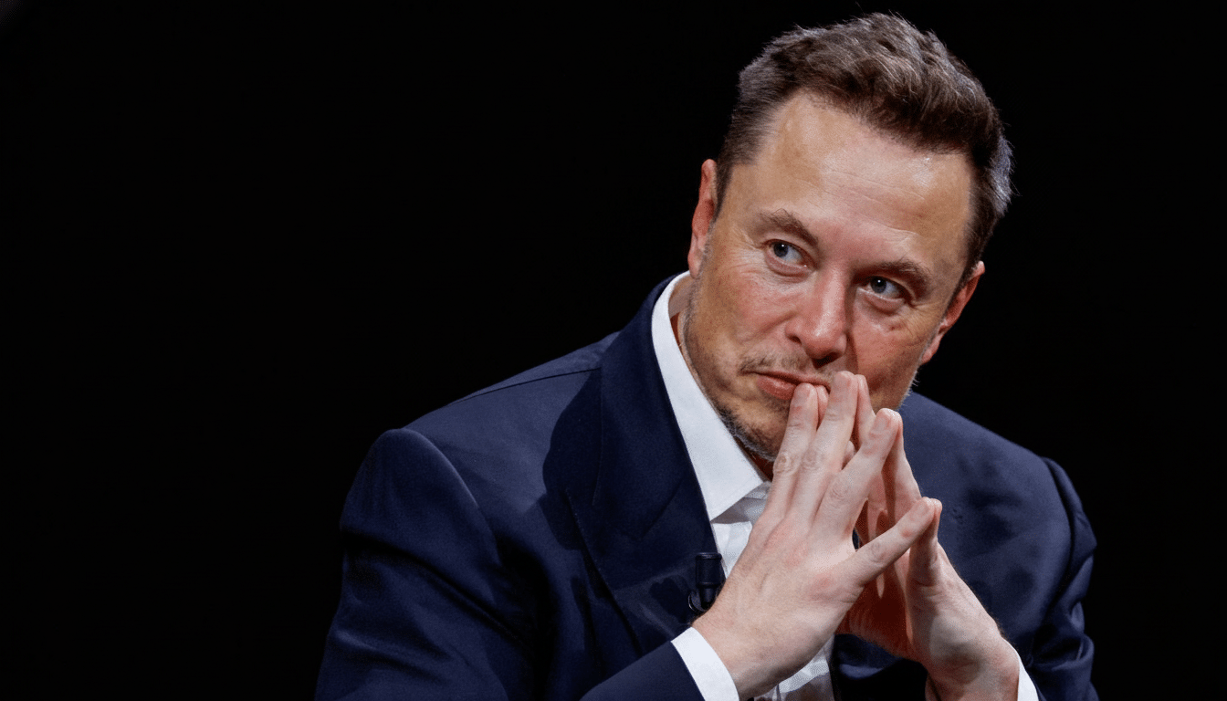 A professional head shot of Elon Musk looking thoughtfully to the side, with his hands clasped under his chin against a dark background.