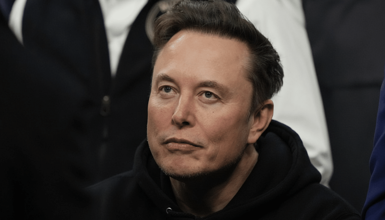 A professional head shot of Elon Musk looking thoughtfully upward, in a 16: 9 aspect ratio, maintaining the original background.