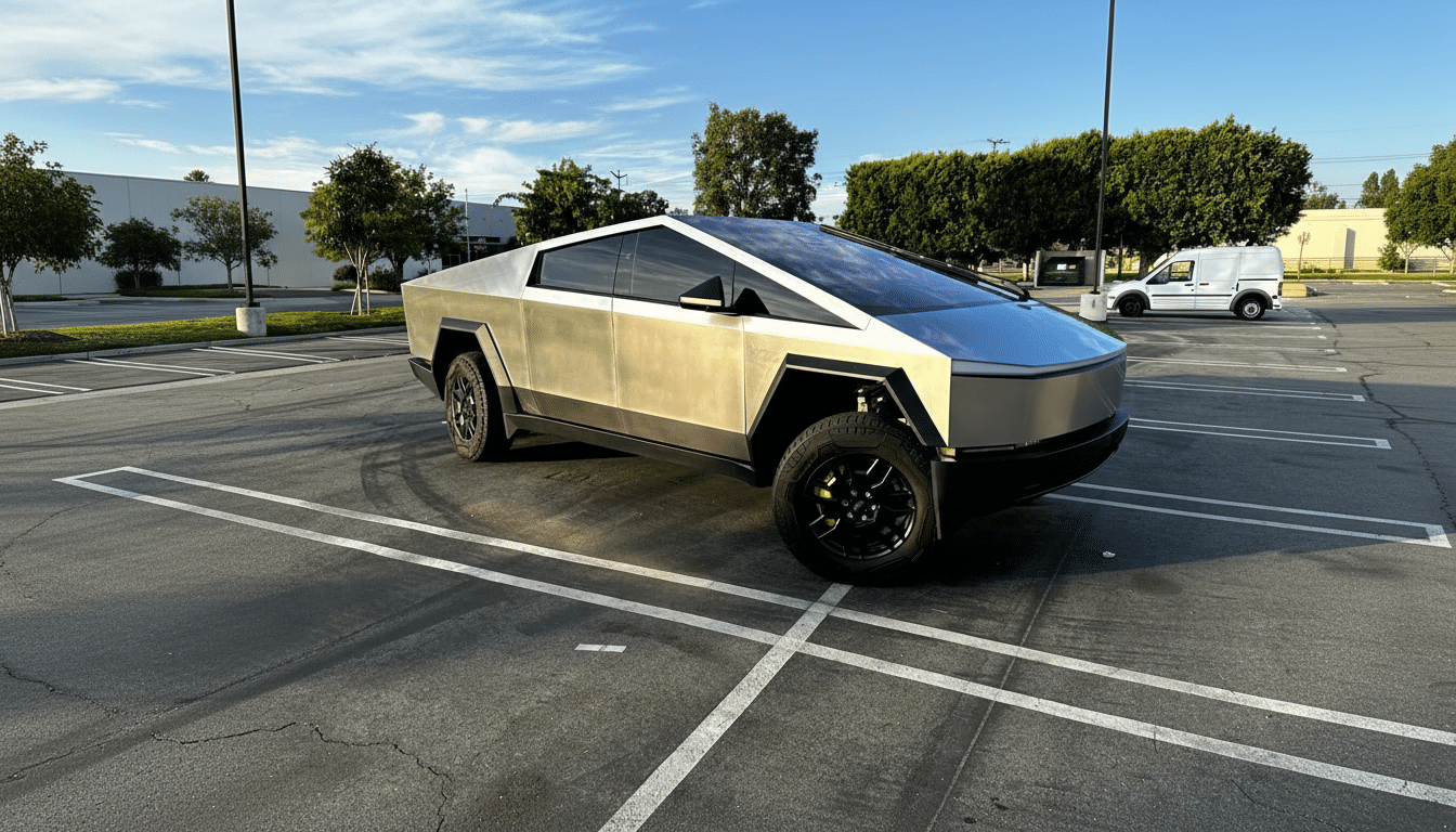 A Tesla Cybertruck parked in an outdoor lot on a sunny day.