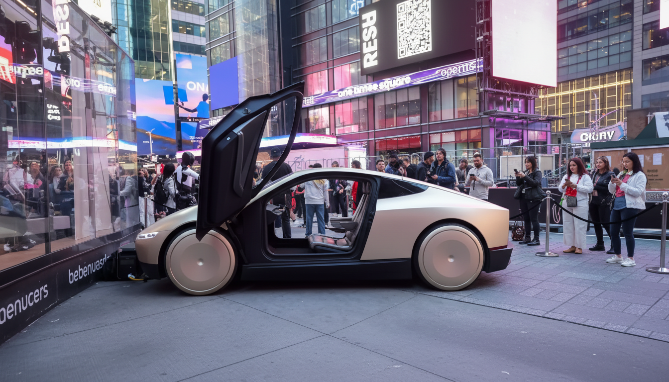 A futuristic gold and black car with open gull-wing doors is displayed on a city street, surrounded by people and bright billboards.