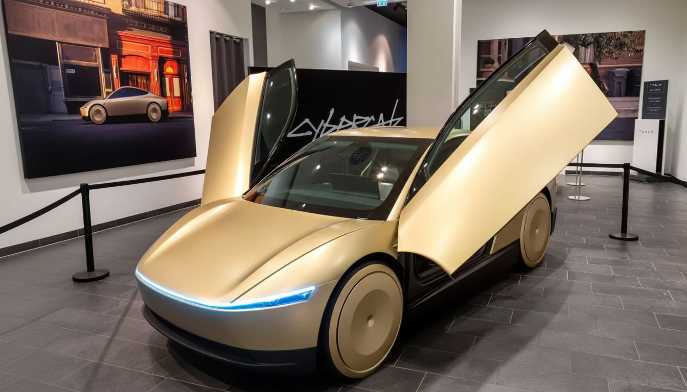 A gold electric car with its gull-wing doors open, displayed in a showroom with artwork on the walls.