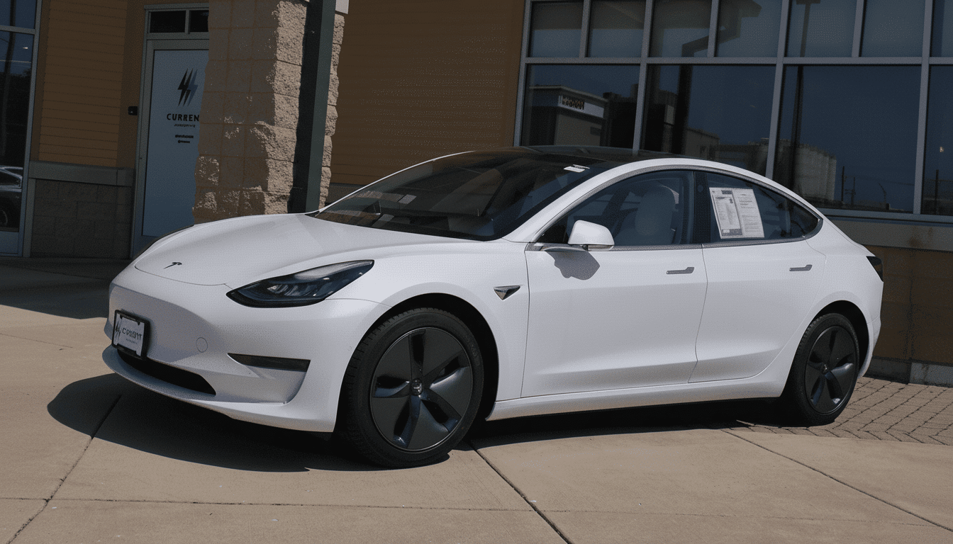 A white Tesla Model 3 is parked on a paved surface outside a building with large windows. Filename : white teslamodel 3. png