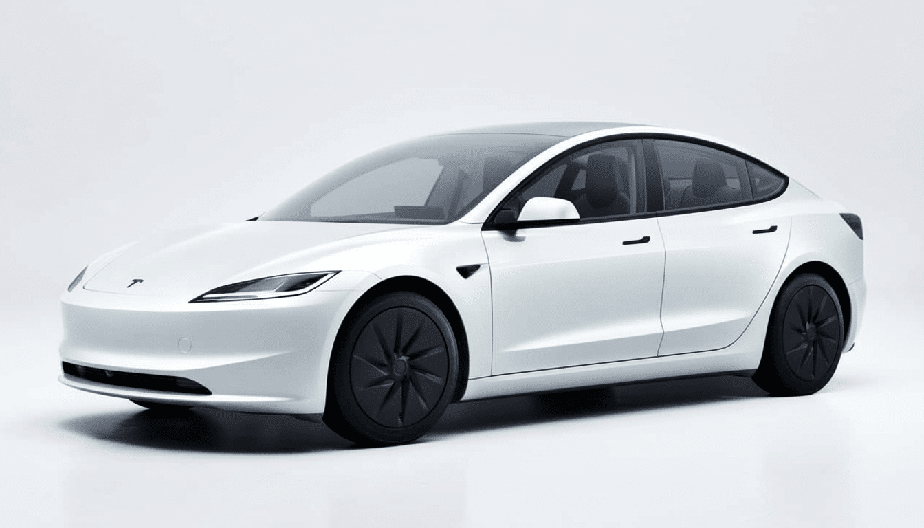A professional , enhanced image of a white Tesla electric car on a clean white background, resized to a 16 :9 aspect ratio .