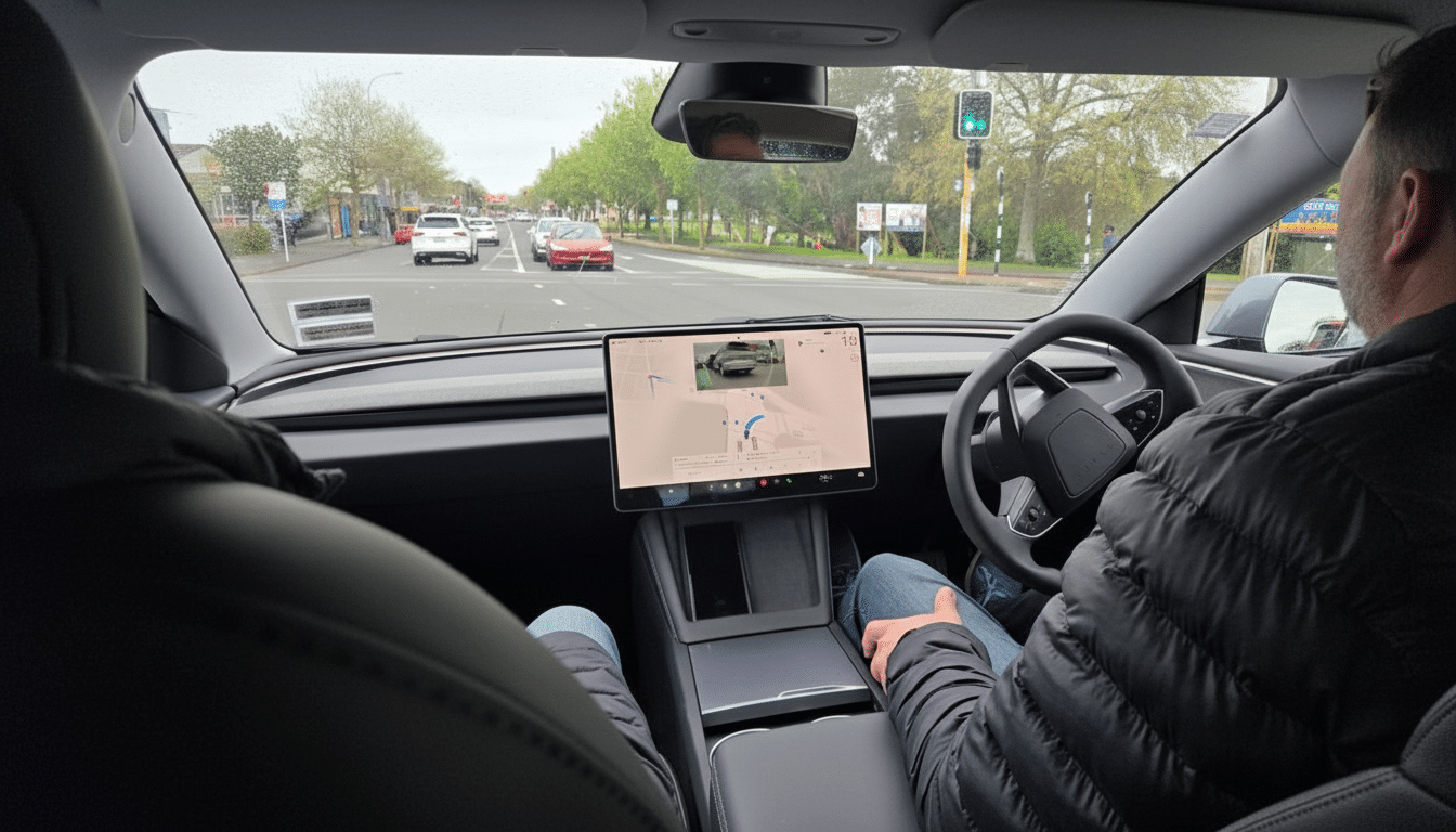 A man driving a Tesla, with a view of the road ahead and the car' s central display showing navigation .