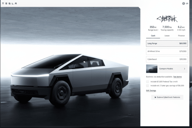 A screenshot of the Tesla Cybertruck configuration page, showing the vehicle in a concrete setting, with pricing and specifications listed.