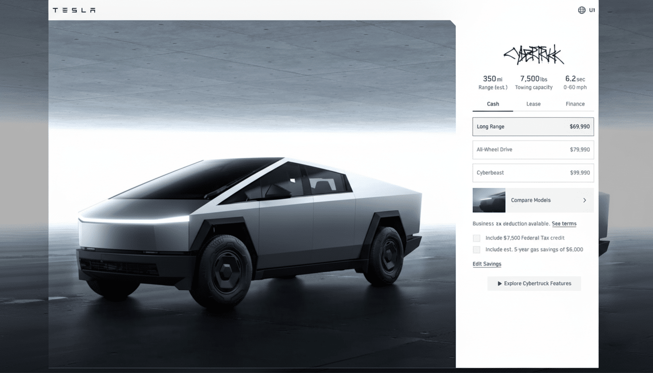 A screenshot of the Tesla Cybertruck configuration page, showing the vehicle in a concrete setting, with pricing and specifications listed.