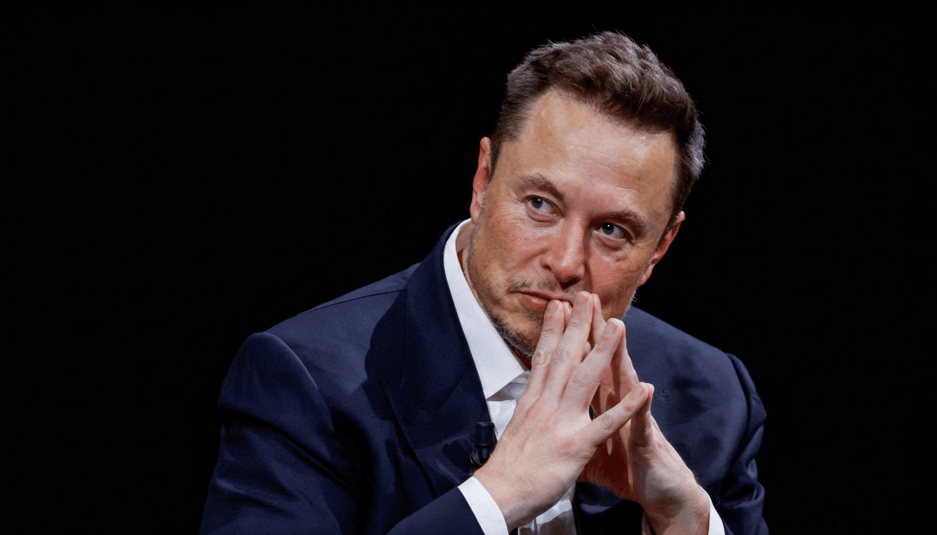 Elon Musk in a dark suit, looking to the side with hands clas ped under his chin, against a black background.