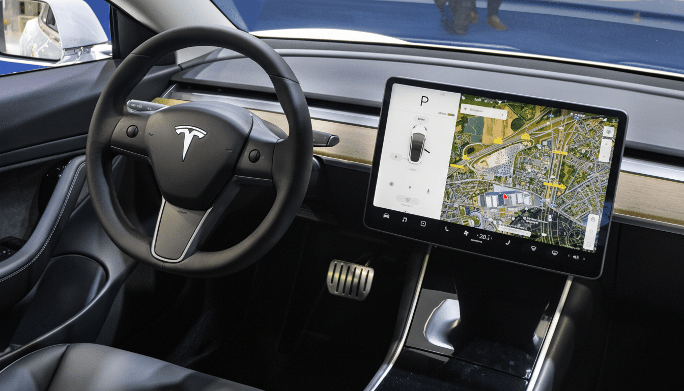 Interior shot of a Tesla vehicle , showing the steering wheel with the Tesla logo and a large central touchscreen displaying navigation and car controls. Filename : teslainterior dashboard . png