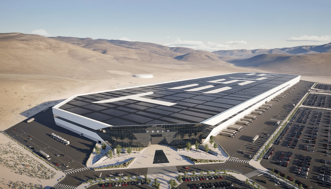 An aerial view of the Tesla Gig afactory, a large, modern building with TESLA prominently displayed on its roof , surrounded by desert landscape and numerous parked cars. Filename : teslagig afactoryaerial view .png