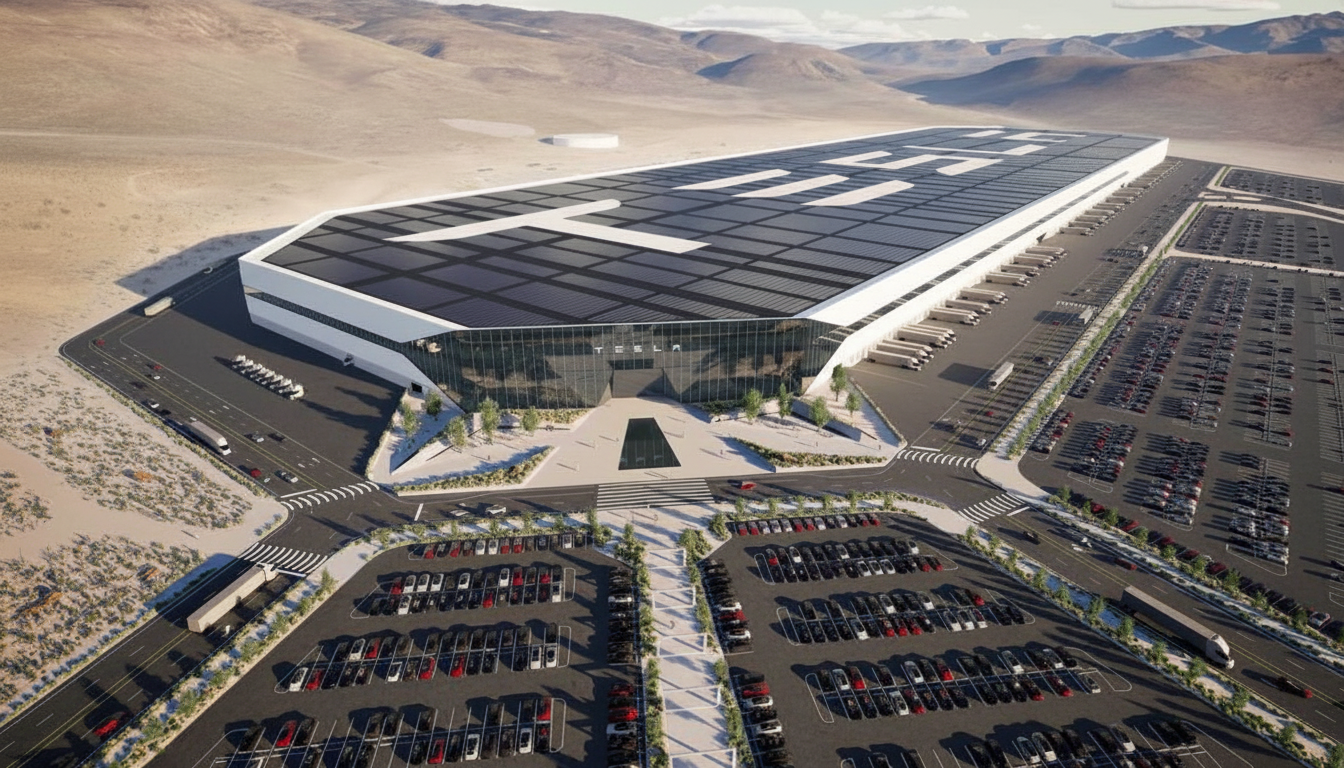 An aerial view of the Tesla Gigafactory in Nevada, a large, modern building with a distinctive roof design, surrounded by vast parking lots filled with cars and trucks, set against a desert landscape with mountains in the background.