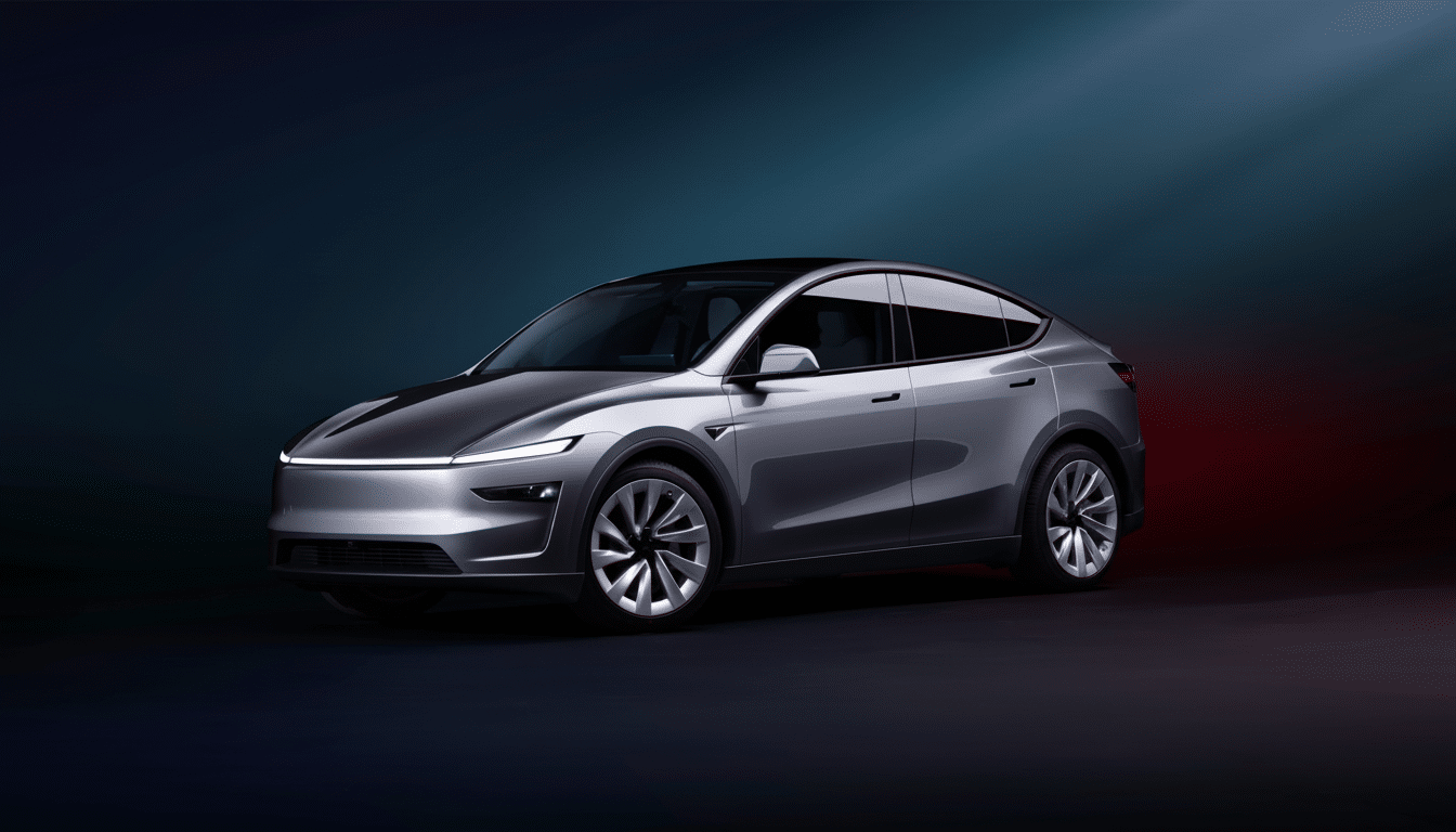 A sleek , silver electric car with modern design features, including a continuous front light bar, parked on a dark , gradient background. Filename : silverelectric car1 69. png