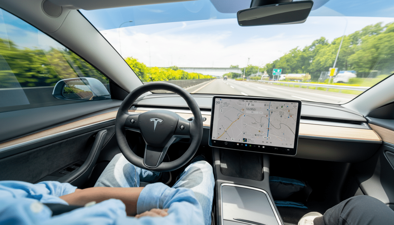 A person driving a Tesla car on a highway, with the steering wheel and the central display showing a navigation map visible .