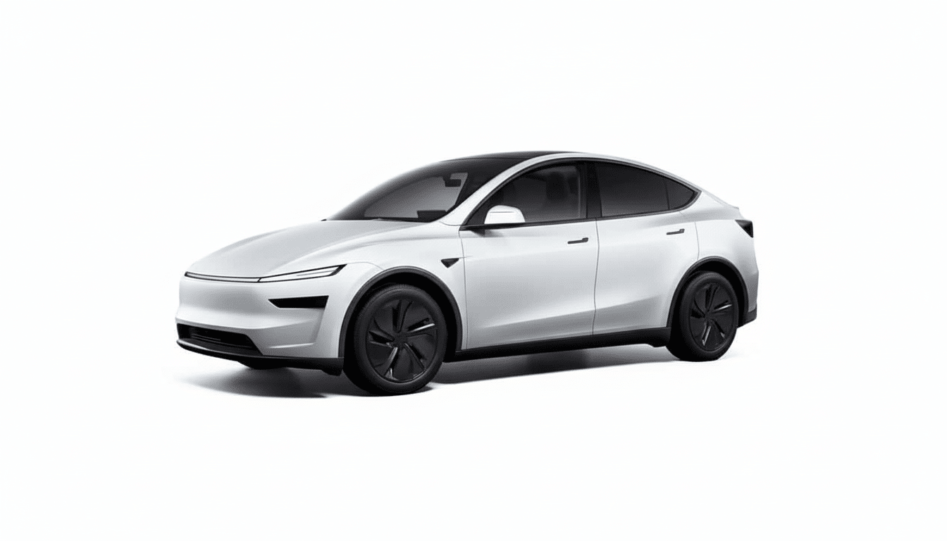 A professional, enhanced image of a white Tesla Model Y, presented at a 1 6: 9 aspect ratio. The car is sleek and modern, positioned on a clean white