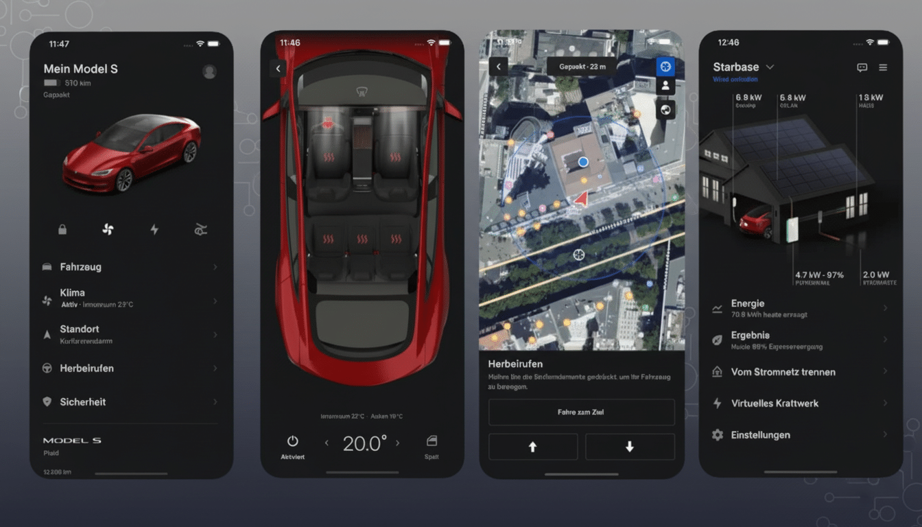 Four dark- themed smartphone screens displaying the Tesla app, with content related to vehicle status , climate control, navigation, and energy monitoring .