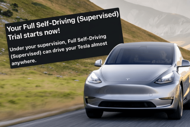 A grey Tesla Model 3 driving on a winding road with a black text box overlay announcing Your Full Self- Driving (Supervised ) Trial starts now! and ex