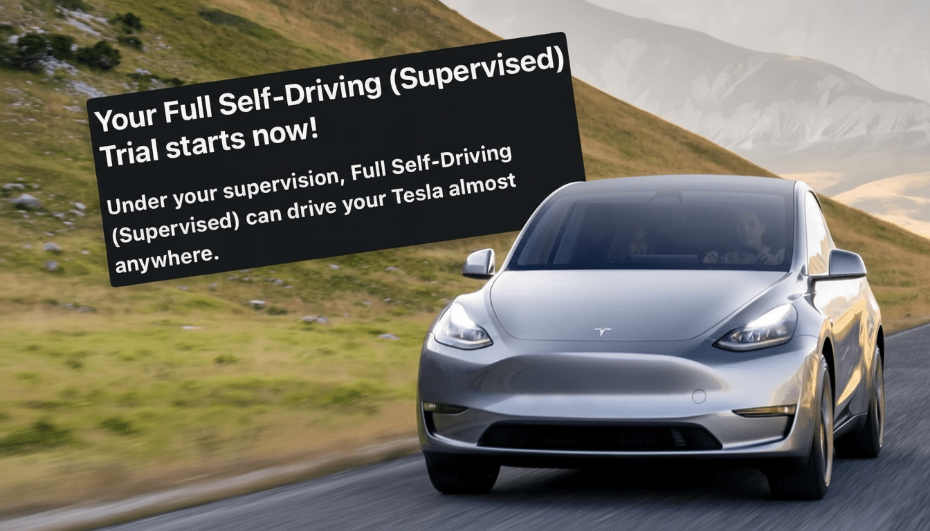 A grey Tesla Model 3 driving on a winding road with a black text box overlay announcing Your Full Self- Driving (Supervised ) Trial starts now! and ex