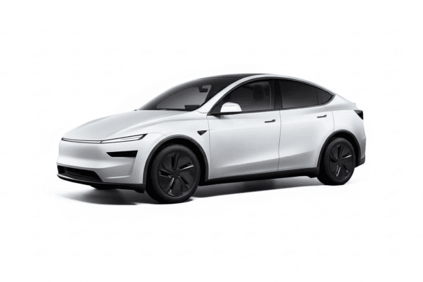 A professional, enhanced image of a white Tesla Model Y, presented at a 1 6: 9 aspect ratio. The car is sleek and modern, with a black roof and black