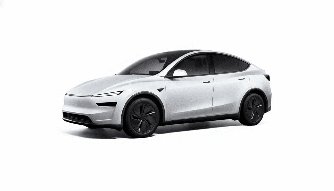 A professional, enhanced image of a white Tesla Model Y, presented at a 1 6: 9 aspect ratio. The car is sleek and modern, with a black roof and black