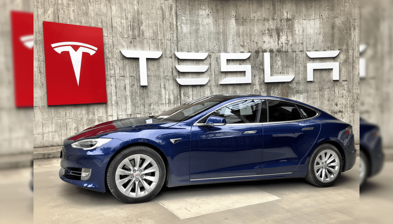 A blue Tesla Model S parked in front of a concrete wall with the red Tesla logo and white TESLA lettering.